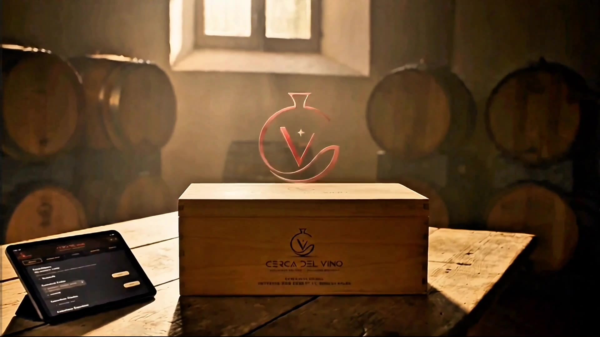 Una caja de vinos y una tableta sobre una mesa de bodega, iluminadas por la luz del atardecer.